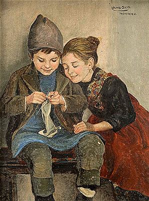 Young boy knitting, while his sister looks over his shoulder by Hans Sam - Auction record, sale price, and art valuation. Compare with similar artists and explore comparable artworks.