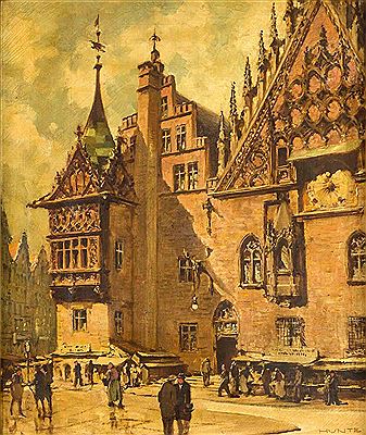 Hier eine Ansicht des Breslauer Rathauses mit Marktständen by Otto Hunte - Auction record, sale price, and art valuation. Compare with similar artists and explore comparable artworks.