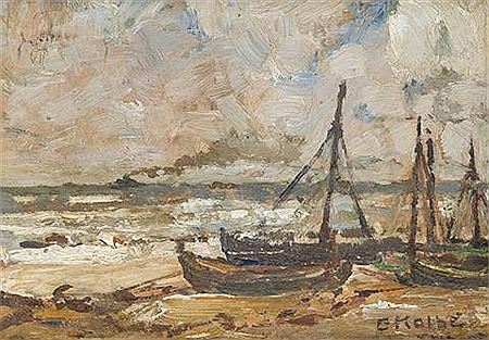 Marine scene with fishing boats on the shore and a steamer in background