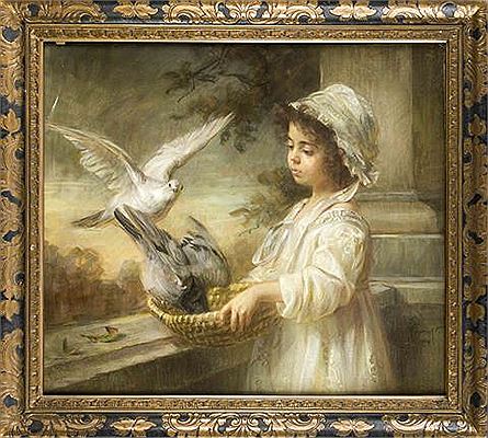 Girl with pigeons on a balcony