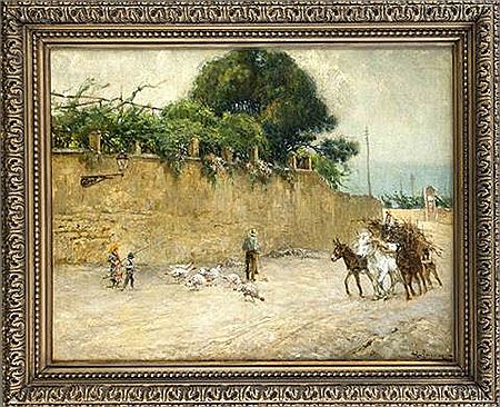 Street scene with bullock carts, chickens and children playing
