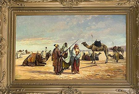 Szene in einer weiten Wüstenlandschaft, im Hintergrund eine rastende Gruppe von Arabern mit Kamelen