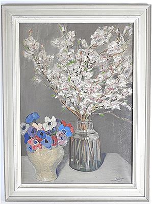 Still life with flowers in a glass and stone vase