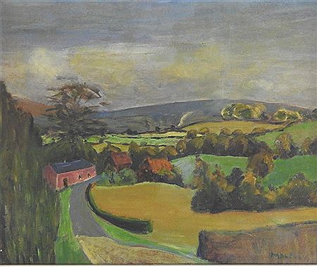 An extensive woodland landscape with cottages