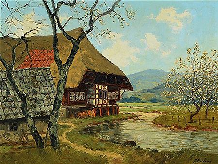 Bauernhaus am Bach, blühender Obstbaum