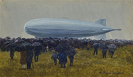 Menschenmasse vor einem gelandeten Zeppelin