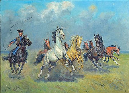 Galloping Horses in the Puszta by Kamillo Kolosvary - Auction record, sale price, and art valuation. Compare with similar artists and explore comparable artworks.
