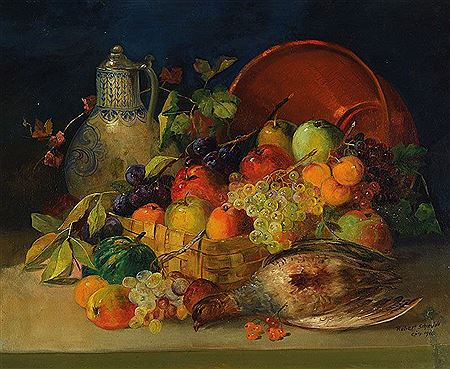 Still lifewith jug, fruit and partridge