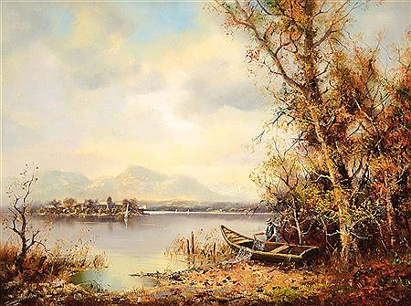 Alpine lake with rowing boat