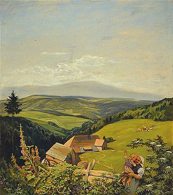 Schwarzwaldlandschaft mit Kühen und Bauernhof,im Vordergrund Mutter und Kind