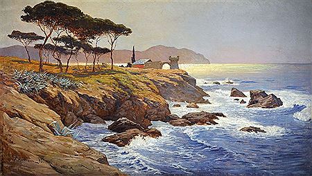 Italienische Küstenlandschaft mit Pinien, Zypressen und Haus, im Hintergrund spiegelt sich die Sonne im Meer, feine detailreiche Malerei mit gekonnter Varianz in den Blau- und Grüntönen des Meeres