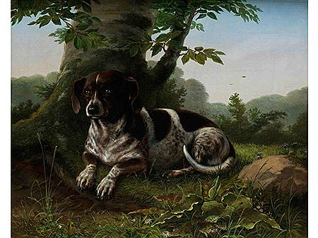 JAGDHUND AM FUßE EINES BAUMES
