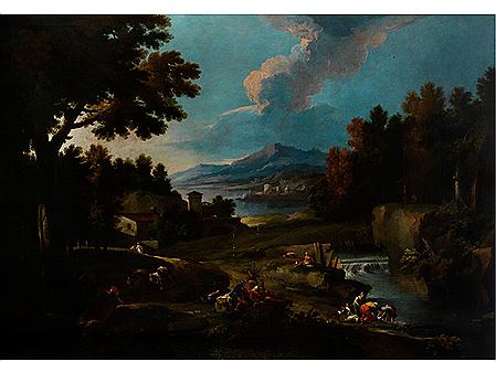 GREAT LANDSCAPE WITH RIVER, FIGURES AND BUILDINGS ON A LAKE IN BACKGROUND