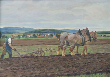 Ploughing farmer with two - horse team