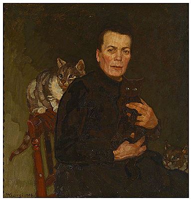 Porträt einer Dame mit drei Katzen