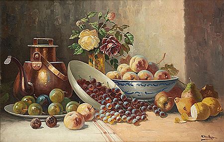 Table garnie de pêches et de raisins