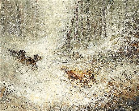 Paysage d’hiver, deux chiens de chasse poursuivant un renard