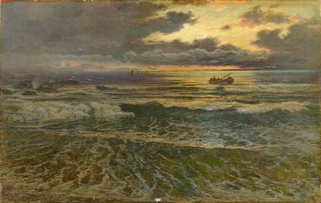 "Le retour des pêcheurs au coucher du soleil"