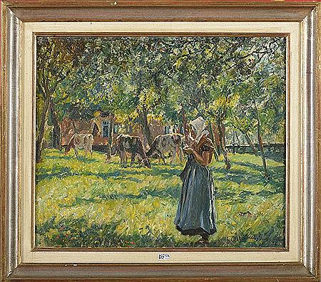 "Vachère et son troupeau au verger"