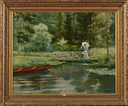 Couple sur le pont enjambant un lac