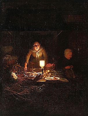 Interior Candelit Scene of Kitchen Table with Produce