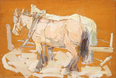 Two Horses and a Burro - a pair of paintings