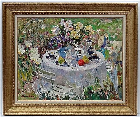 Sample artwork by Gennady Yelizarov (Born 1950), known for impressionist style figures in landscape and still life paintings - View similar artists and auction records