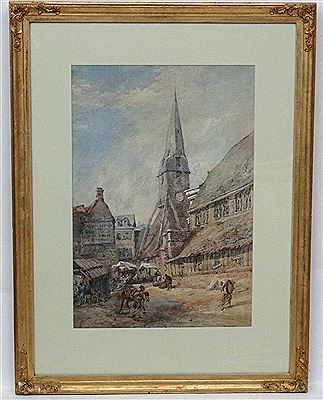 St. Catherine's Church, Honfleur , France with figure going about their everyday business