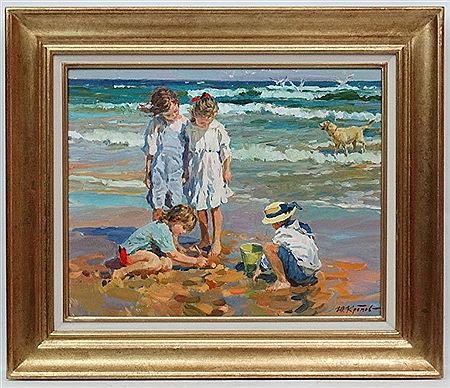 "On the beach", Children playing in the sand with dog paddling in the sea