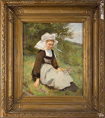 Bretonne au bouquet assise