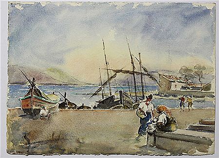 "Femme au panier sur les quais d'un petit port" & "Vue de village"