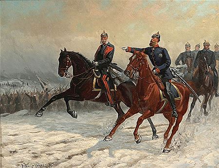 Kaiser Wilhelm I. und Kronprinz Friedrich Wilhelm auf verschneitem Schlachtfeld im Deutsch-Französischen Krieg 1870/71