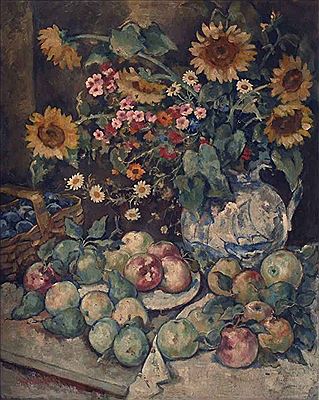 Stillleben mit Sommerblumenstrauß und Früchten