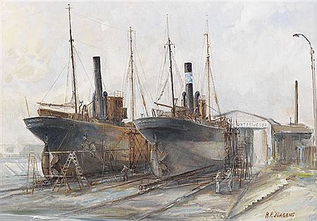 Unterweserwerft mit zwei Fischdampfern, um 1930, 1996