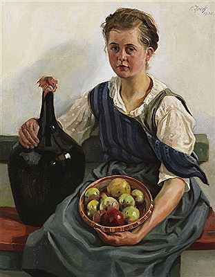 Mädchen mit Obstkorb und Weinflasche. 1930