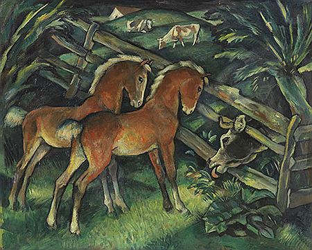 Zwei Fohlen und Kühe auf der Weide, 1921