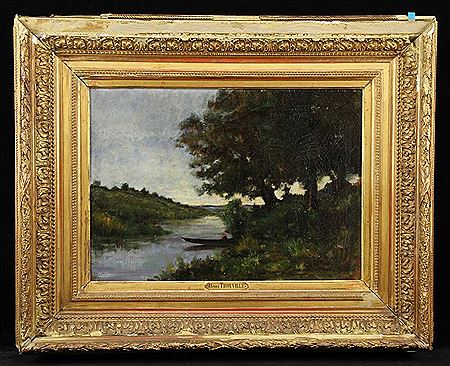 Twilight landscape with boat on river