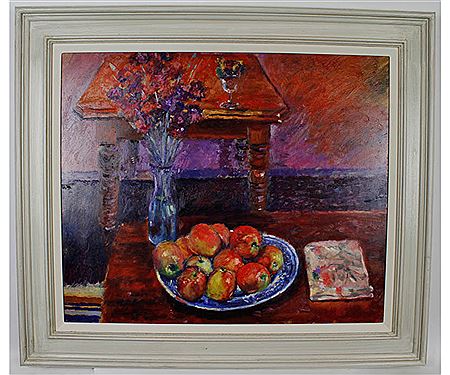 Still life study of plate of apples