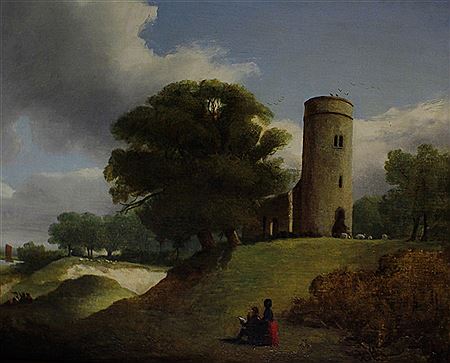 Whitlingham Church with seated figures in the foreground