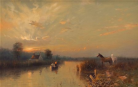 Broads Scene with Horses at Sunset