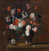 Still life with flowers in a woven basket on a table. by Simon Hardime - Auction record, sale price, and art valuation. Compare with similar artists and explore comparable artworks.