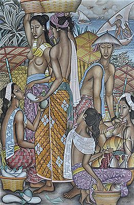 Sample artwork by Dewa Putu Bedil (1921 - 1999), known for modern balinese art, elongated human figures, theatrical arrangements, attention to textile patterns - View similar artists and auction records