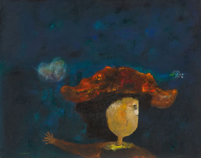 "La poetisa Camelia, con sombrero, declamando entre mariposas"