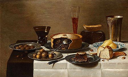 Stillleben mit Pastete, Brot, Nüssen und Gefäßen