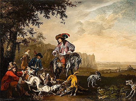 Italianisante Landschaft mit eleganter Jagdgesellschaft