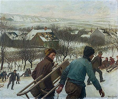 Winterfreuden. Zwei Knaben mit geschultertem Schlitten auf Hang mit Blick über Vorstadthäuser