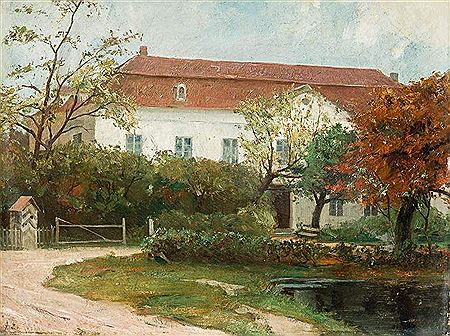 Herrenhaus in der Mark. Kleiner Weiher und Schilderhäuschen