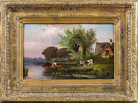 Bauernhaus am Fluss mit Holzsteg und Kahn. Am Ufer Kühe und Kälbchen
