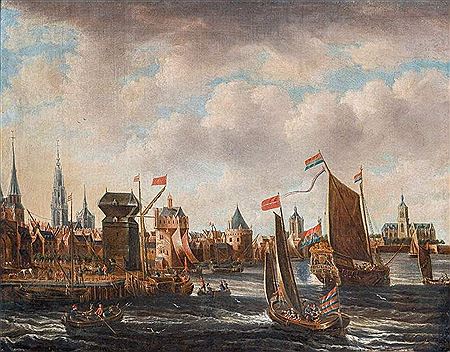 Antwerpen. Hafen mit zahlreichen, flaggengeschmückten Schiffen unter holländischer Flagge. Im Hintergrund die Liebfrauenkathedrale. Am Hafensteg beschriftet: Antwerpen