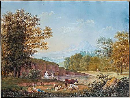 Arkadische Landschaft mit Hirtenpaar, badenden Frauen und rastenden Kühen und Schafen. In der Ferne Blick auf die Schrammsteine in der Sächsischen Schweiz